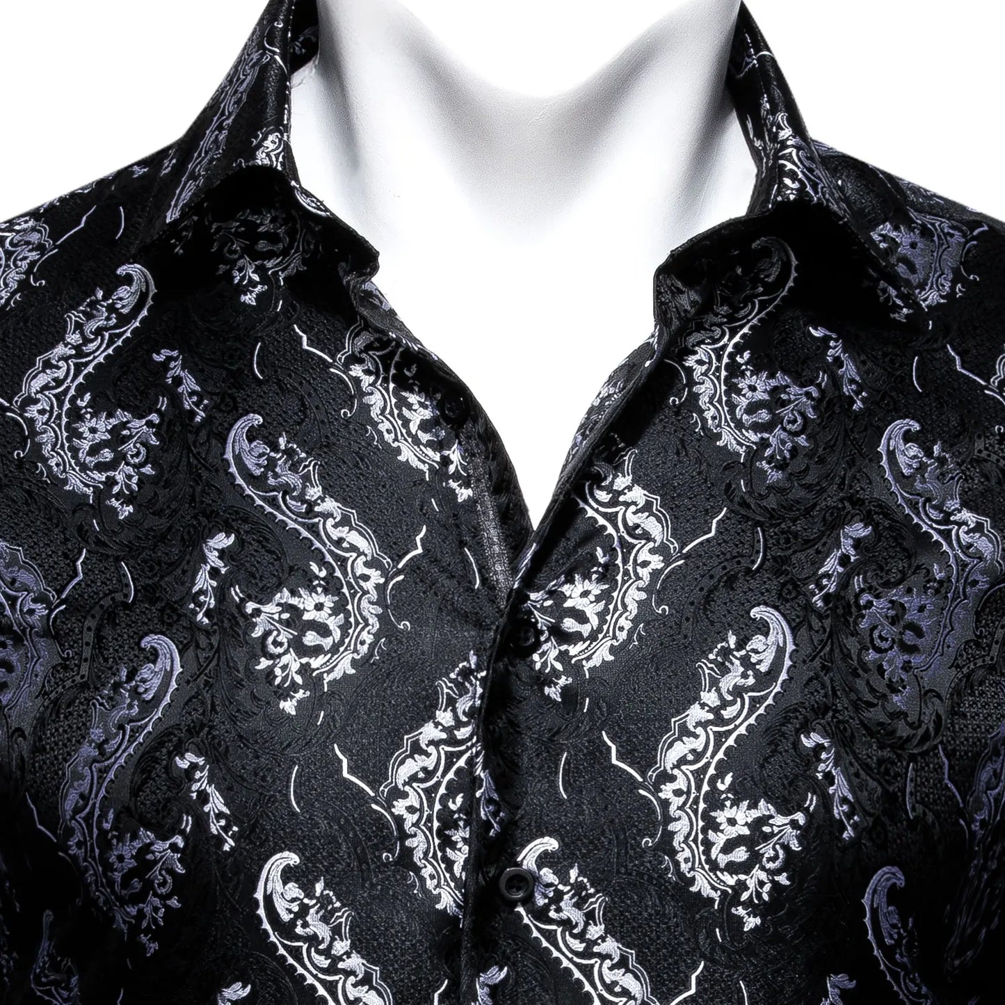 Camisas clásicas negras estampadas y bordadas para hombre, solapa de seda, manga larga, corte formal exquisito, ideales para eventos de negocios y fiestas. Barry.Wang CY-0407