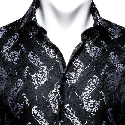 Camisas clásicas negras estampadas y bordadas para hombre, solapa de seda, manga larga, corte formal exquisito, ideales para eventos de negocios y fiestas. Barry.Wang CY-0407