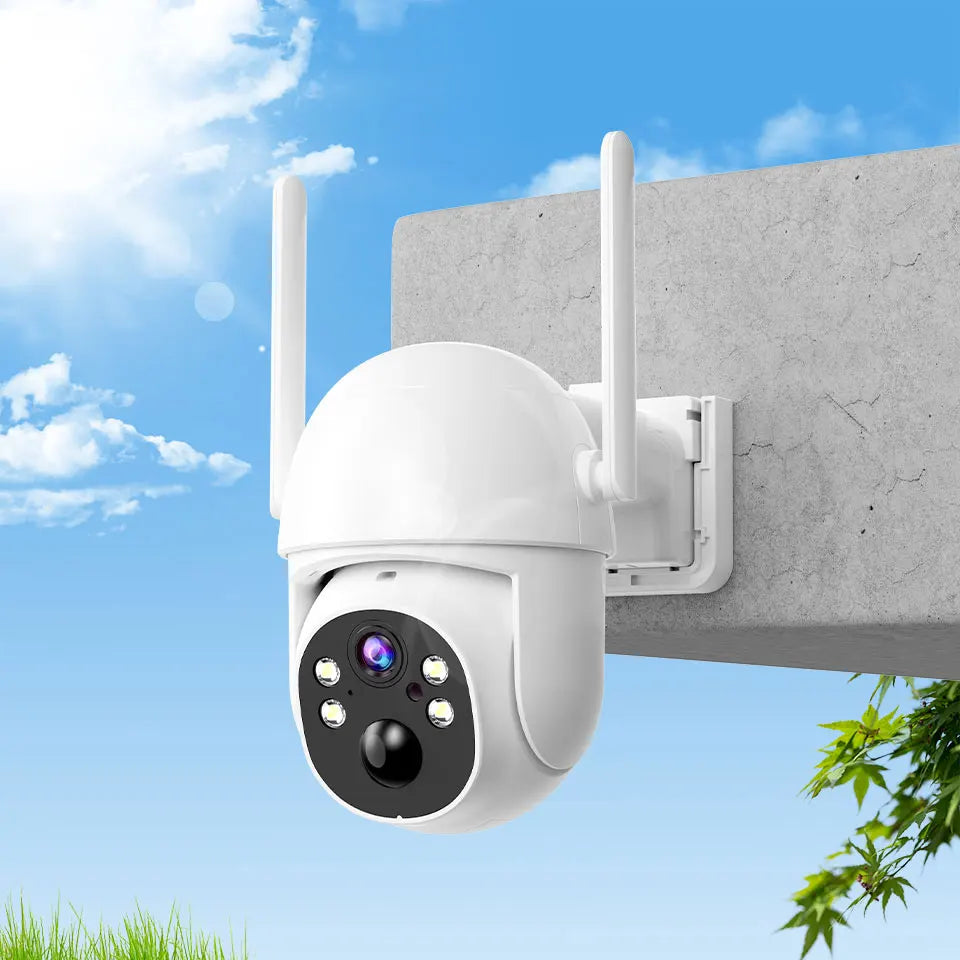 Cámara solar WiFi de 4 MP para exteriores, 2K, batería integrada, cámara de seguridad tipo domo con alimentación solar, alarma de movimiento PIR, almacenamiento en la nube y audio bidireccional.