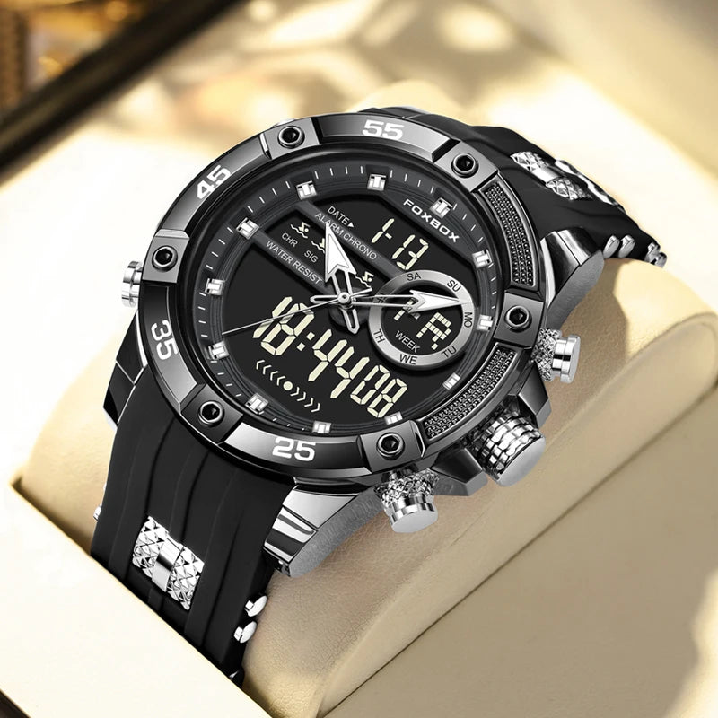 Reloj de pulsera de cuarzo de lujo FOXBOX para hombre, deportivo, impermeable, con doble pantalla, LED digital militar, de acero, para negocios + caja.
