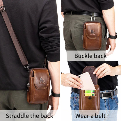 Saco de cintura de cuero genuino masculino auténtico, puede ser desgastado con ganchos, saco del teléfono