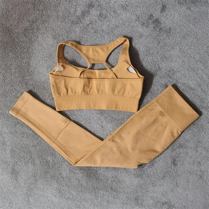 Conjunto de yoga fitness sin costuras para mujer, ropa deportiva de cintura alta, leggings, pantalones cortos de dos piezas, ropa de gimnasio para mujer
