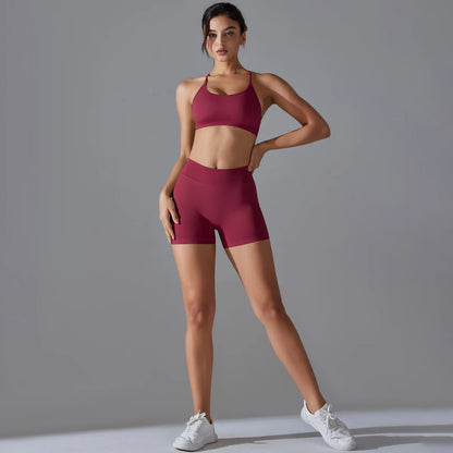 Conjunto deportivo de yoga, mallas de gimnasio de secado rápido, tirantes cruzados con absorción de impactos, pantalones cortos de ciclismo para mujer, entrenamiento de yoga.