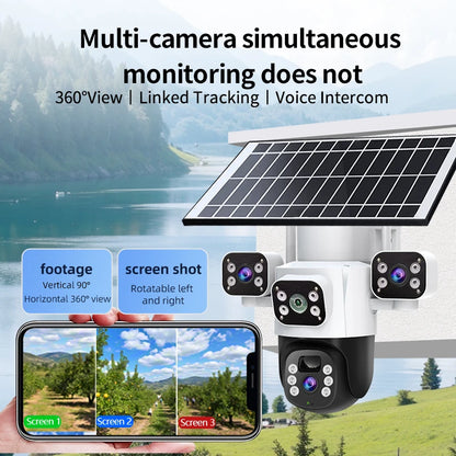 Cámara IP WiFi solar de 12 MP, CCTV con tres lentes y tres pantallas, seguimiento automático, vigilancia exterior 6K 4G, cámara PTZ, protección de seguridad