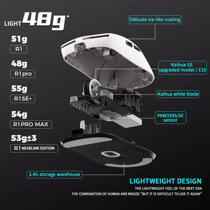 El mejor ratón inalámbrico Vxe Dragonfly R1 SE+ para juegos FPS de larga duración y peso ligero, ergonómico Paw3395 de 2 kHz.