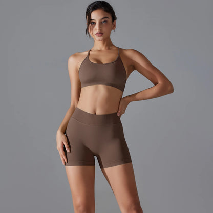 Conjunto deportivo de yoga, mallas de gimnasio de secado rápido, tirantes cruzados con absorción de impactos, pantalones cortos de ciclismo para mujer, entrenamiento de yoga.
