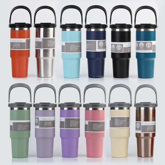 Vaso portátil de acero inoxidable de 30 oz con aislamiento para coche, con pajita y doble pajita para bebidas frías, ideal para usar en el vehículo.