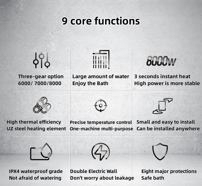 Calentador de agua eléctrico pequeño HYUNDAI con calentamiento rápido e instantáneo, temperatura constante inteligente y pantalla en inglés para ducha o baño.