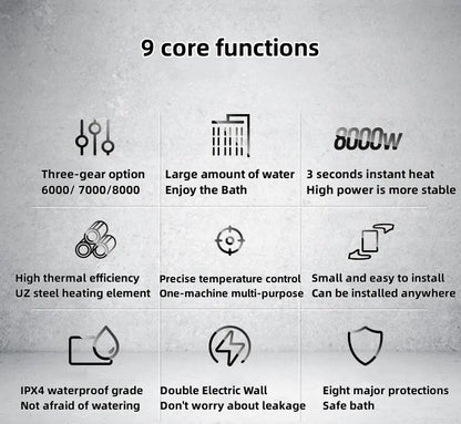 Calentador de agua eléctrico pequeño HYUNDAI con calentamiento rápido e instantáneo, temperatura constante inteligente y pantalla en inglés para ducha o baño.