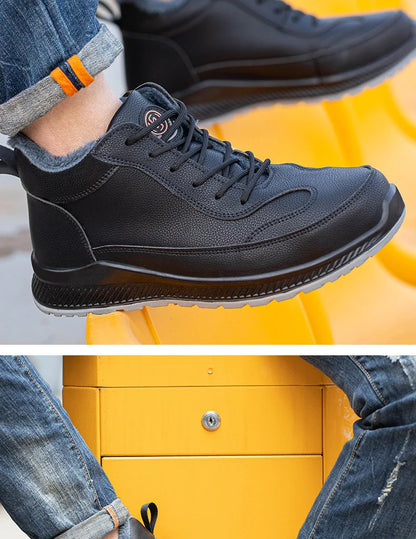 Calzado de seguridad de felpa para trabajos de invierno, resistente a impactos y perforaciones, fabricado en piel sintética de microfibra y algodón.