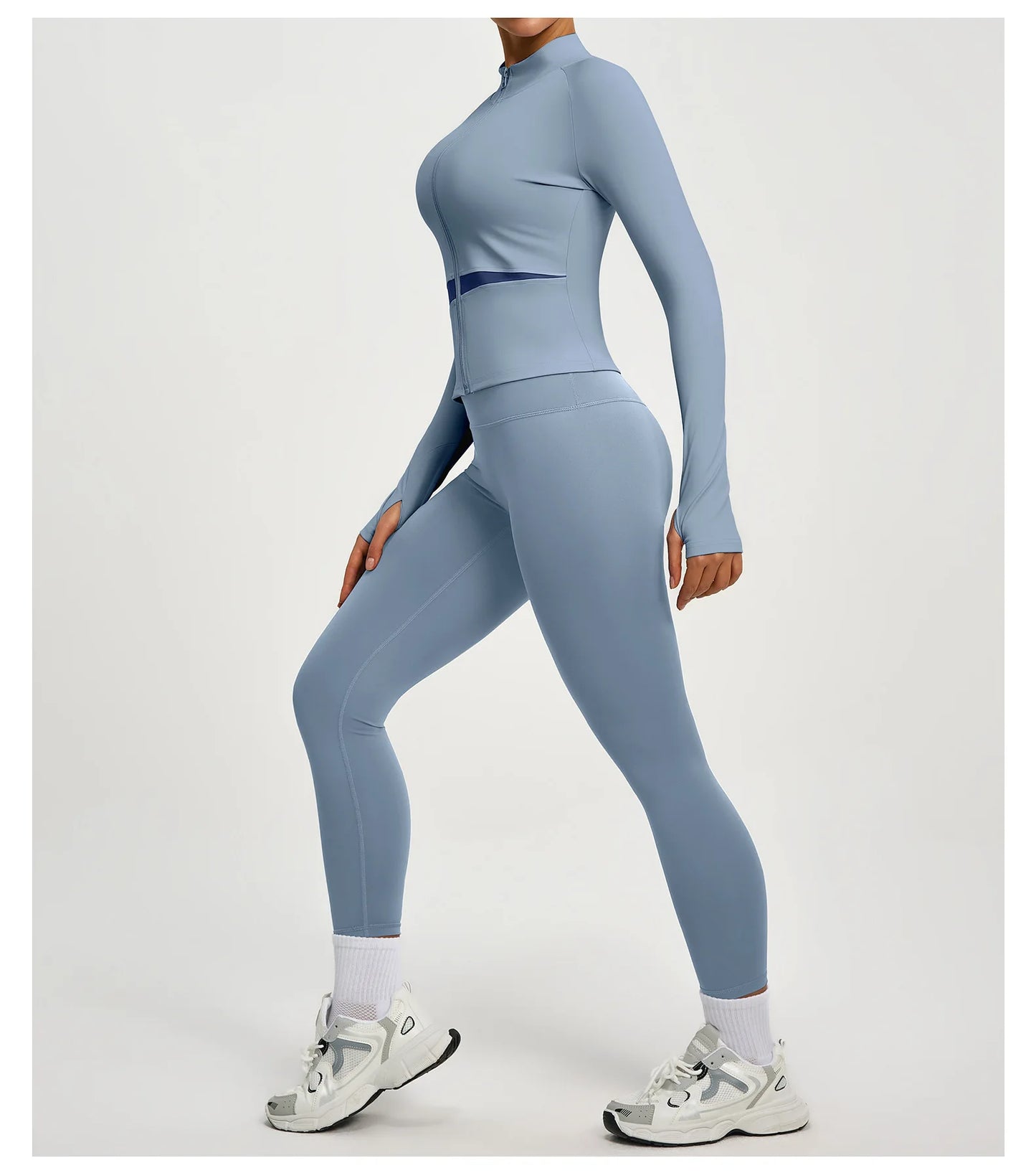 Conjuntos de yoga con contraste de colores para mujer, chaqueta deportiva de manga larga sin costuras con cremallera, leggings adelgazantes de cintura alta, chándal de fitness