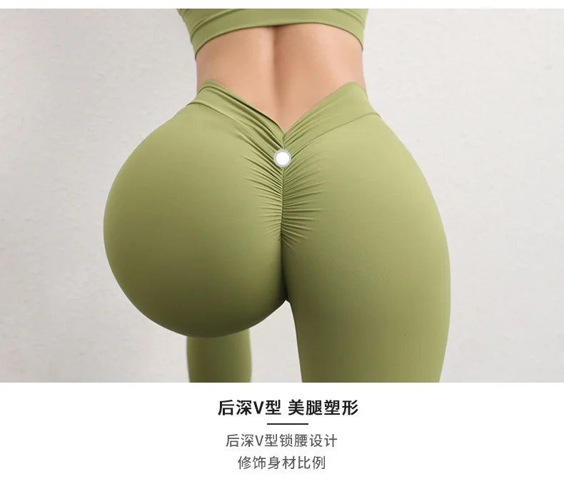 Pantalones de yoga Post-V Bare Sensation, cintura alta, para mujer, realce de glúteos, color melocotón, ideales para ejercicio y fitness.