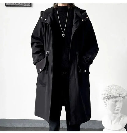2025 Spring Autumn  Green Windbreaker Fashion Men Mid-length Casual Hooded Coat Men Daily High Street Overcoat Male Clothes