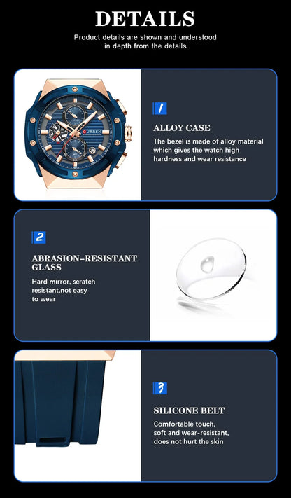 CURREN Reloj deportivo de cuarzo multifuncional con cronógrafo y correa de silicona, esfera de diseño creativo y manecillas luminosas.