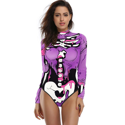 [You're My Secret] Halloween Costume Cosplay Skeleton Print Zenti Bodysuits Carnival Party Jumpsuit Outfit Women Day of The Dead