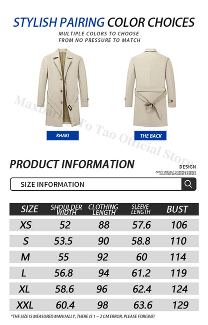 Abrigo largo Maxbarley para hombre, estilo gabardina, marca coreana, color liso, con cinturón, colección otoño 2025. Nuevo diseño de chaqueta cortavientos de un solo botón.