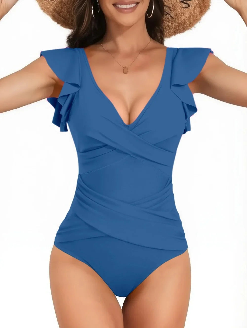 Traje de baño de una pieza para mujer con diseño cruzado y ribetes de hojas que cubren el vientre. Nuevo modelo de gran oferta de la temporada, procedente de China continental.