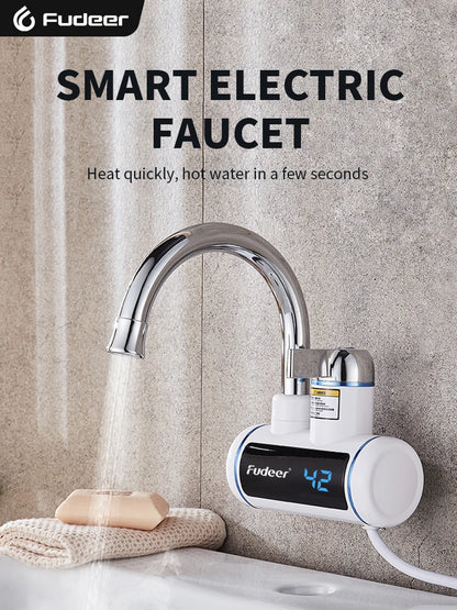 Calentador de agua eléctrico Fudeer de 3000 W y 220 V para grifo de cocina, sin tanque, calentamiento instantáneo, mezclador con agua caliente y pantalla digital.