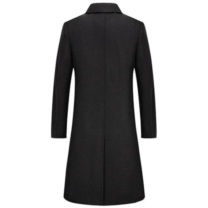 Black Men Wool Long Trench Coat Stylish Single Breasted Quilted Lined Wool Blend Pea Coats Men Winter Cashmere Coat Windbreaker