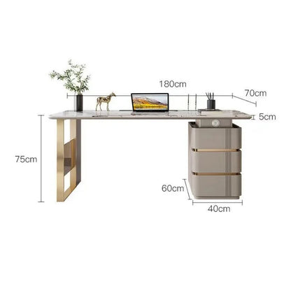 Escritorio beige moderno de madera con 3 cajones y pedestal doble para oficina en casa