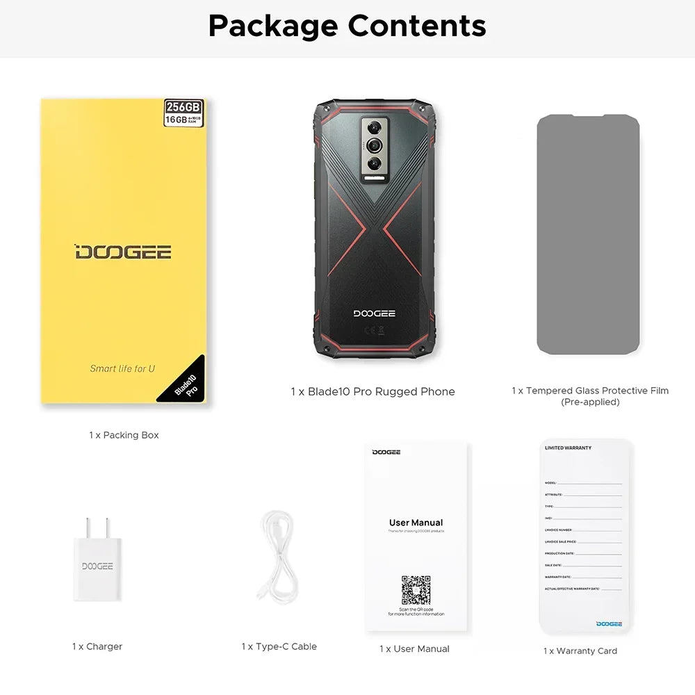 DOOGEE Blade 10 Pro (2024), teléfono móvil resistente con Android 14, 16 GB de almacenamiento + 256 GB (2 TB), pantalla HD+ de 6,56 pulgadas, batería de 5150 mAh.