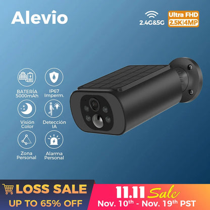 Cámara solar exterior ALEVIO, cámara de seguridad inalámbrica WiFi, 2.5K, ultra larga duración en espera, luz PIR, visión nocturna a color, detección por IA.