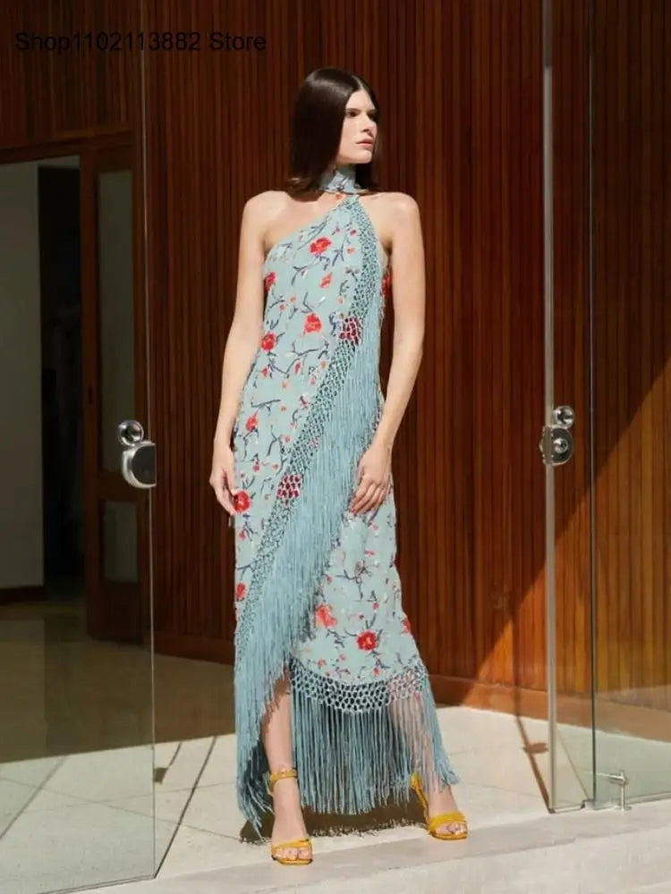 Vestidos elegantes de una pieza para mujer, sin mangas, con cuello tipo bufanda, espalda descubierta, estampado y borlas.