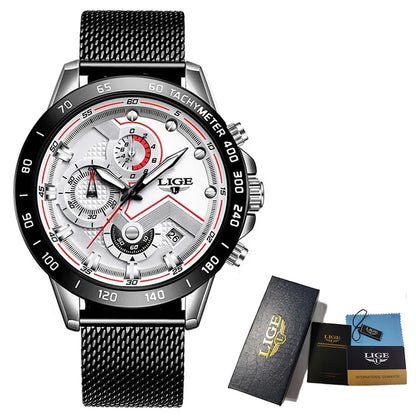 LIGE - Reloj de cuarzo de lujo para hombre, marca superior, moderno, de negocios, con correa de malla, resistente al agua, luminoso, cronógrafo