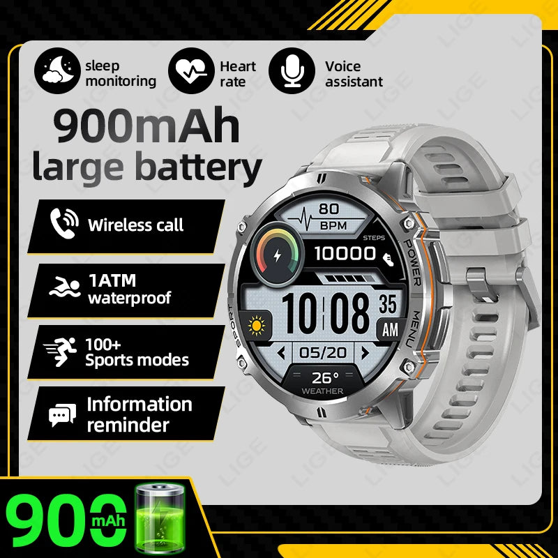 Reloj inteligente LIGE para hombre, con batería de 900 mAh, Bluetooth, llamadas, frecuencia cardíaca, oxígeno en sangre, brújula, monitor de salud, resistente al agua