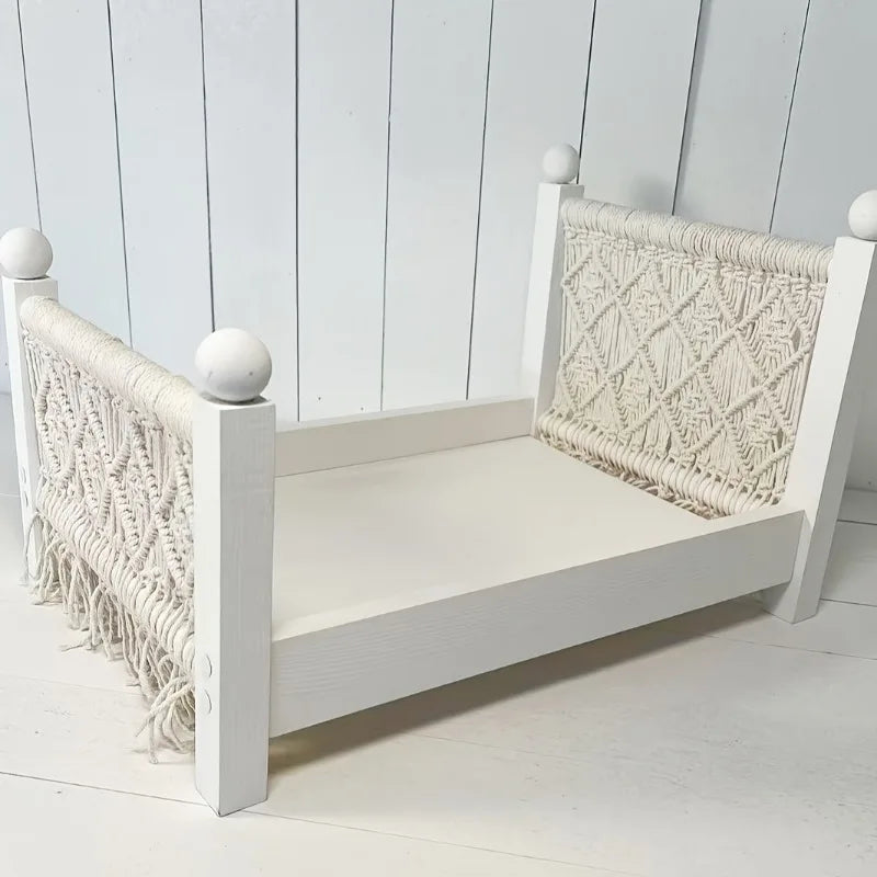 Cama de madera tejida blanca desmontada, estilo bohemio rústico europeo, accesorio de fotografía, decoración del hogar, sesiones de fotos