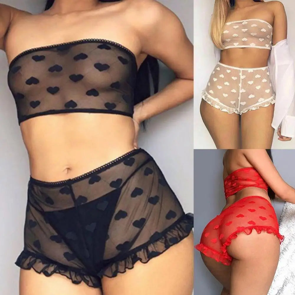 Conjunto de ropa interior erótica para mujer, top de tubo con estampado de corazones transparente, microshorts de encaje, lencería sin entrepierna, body sexy de encaje tipo babydoll.