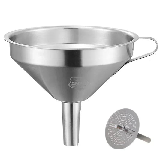 Embudo de acero inoxidable 304 de boca ancha con filtro de malla para aceite de cocina, especias líquidas y utensilios de cocina.
