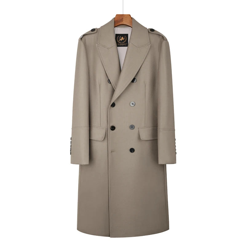 Worsted pure wool coat for men super long, knee length double breasted thickened and warm classic business wool coat for men