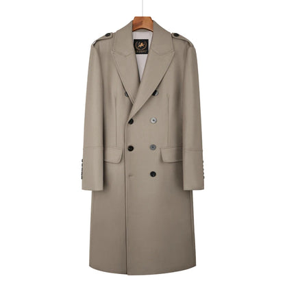 Worsted pure wool coat for men super long, knee length double breasted thickened and warm classic business wool coat for men