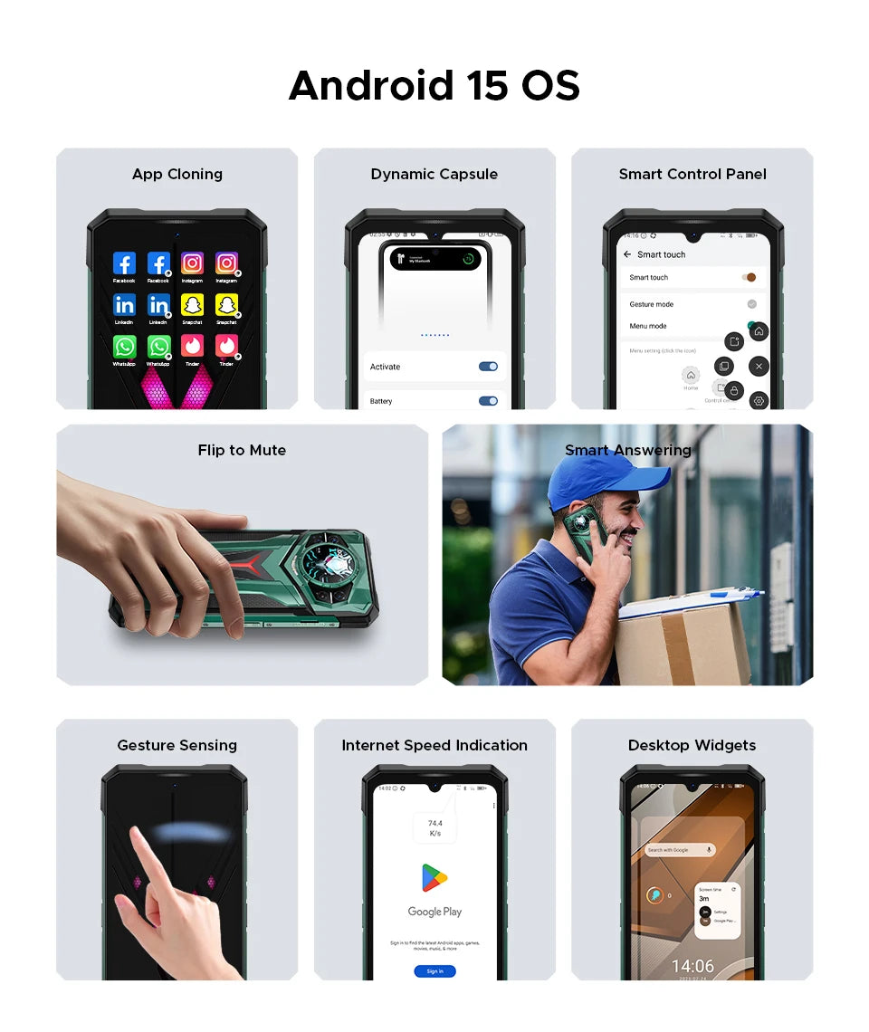 Teléfono resistente DOOGEE S200 Ultra 5G con IA, 48 GB + 1 TB, pantalla trasera de 1,34" con efecto de luz, procesador Dimensity 7400, batería de 11000 mAh, carga rápida de 66 W, NFC, WiFi 6E.