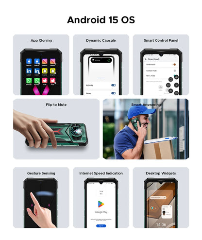 Teléfono resistente DOOGEE S200 Ultra 5G con IA, 48 GB + 1 TB, pantalla trasera de 1,34" con efecto de luz, procesador Dimensity 7400, batería de 11000 mAh, carga rápida de 66 W, NFC, WiFi 6E.
