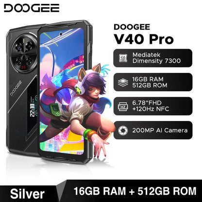 Teléfono robusto DOOGEE V40 Pro 5G versión global, pantalla de 6,78", 16 GB + 512 GB, dimensiones 7300, cámara con IA de 200 MP, 8680 mAh, cargador rápido de 33 W.