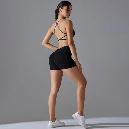 Conjunto deportivo de yoga, mallas de gimnasio de secado rápido, tirantes cruzados con absorción de impactos, pantalones cortos de ciclismo para mujer, entrenamiento de yoga.