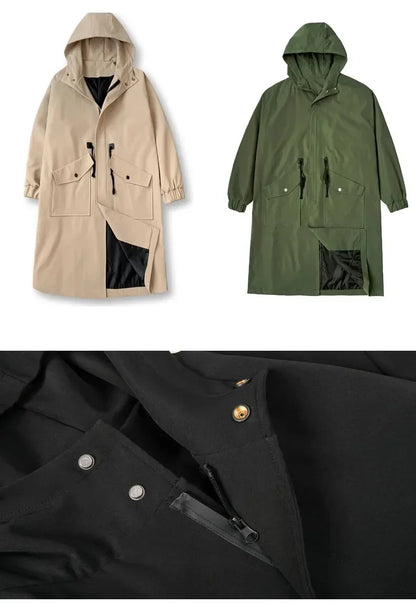 2025 Spring Autumn  Green Windbreaker Fashion Men Mid-length Casual Hooded Coat Men Daily High Street Overcoat Male Clothes