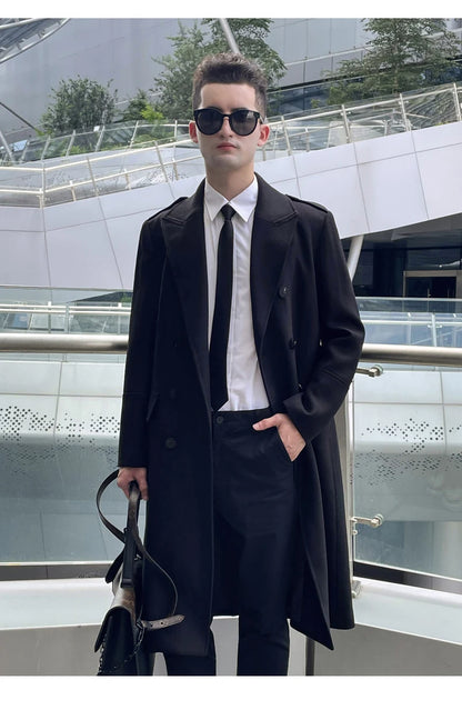 Worsted pure wool coat for men super long, knee length double breasted thickened and warm classic business wool coat for men