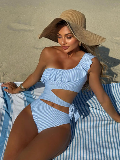 VigoBeviya 2025 Women Ruffle One-shoulder Swimwear Hollow Push Up One Piece Swimsuit Sexy Lady Monokini Blue Beach Bathing Suit