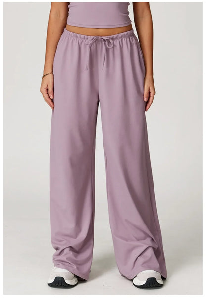 Pantalones de yoga deportivos para mujer, holgados, de pierna ancha, finos, transpirables, con cordón elástico y diseño caído.