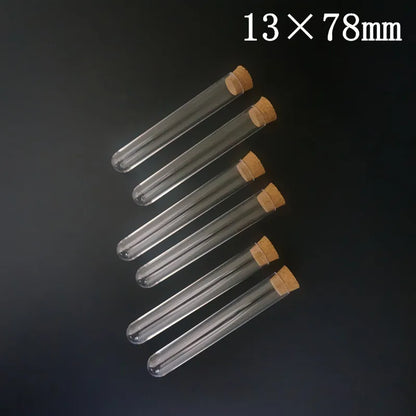 Tubos de ensayo de plástico transparente de 60 mm a 180 mm con tapones de corcho, ideales para laboratorios escolares, regalos de boda, etc.