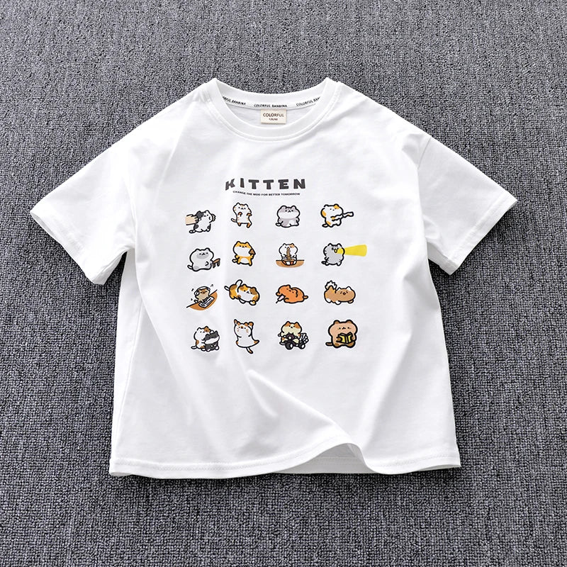 Ropa para niños 2025, artículo nuevo, camisa de manga corta con estampado de animales pequeños y algodón puro