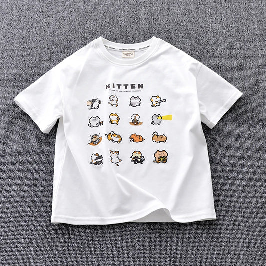 Ropa para niños 2025, artículo nuevo, camisa de manga corta con estampado de animales pequeños y algodón puro