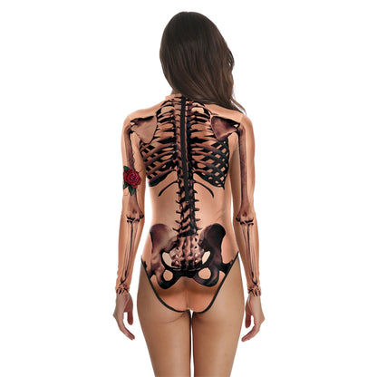 [You're My Secret] Halloween Costume Cosplay Skeleton Print Zenti Bodysuits Carnival Party Jumpsuit Outfit Women Day of The Dead