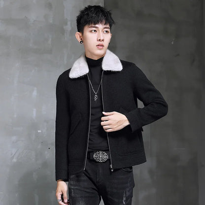 AYUNSUE Spring Autumn Wool Coat Men Double-sided Alpaca Jacket Mink Fur Collar Mens Coats and Jackets Overcoat 1970B KJ3859