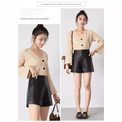 Pantalones cortos de cuero negro adelgazantes de cintura alta para mujer, novedad de otoño de 2023, pantalones vaqueros holgados de corte A y pierna ancha con corte recto.