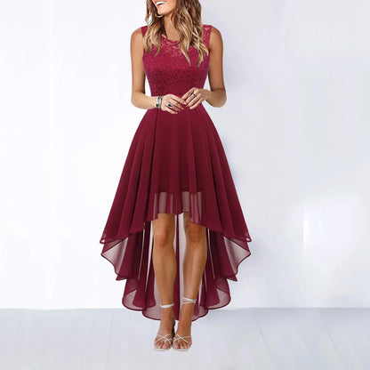 Primavera Verano 2025 Vestido de noche de encaje ceñido con cintura ahuecada Falda midi Sin mangas Cuello redondo Tejido de poliéster Cintura imperio