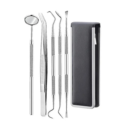 Juego de herramientas de acero inoxidable para dentistas, 4, 5 y 6 piezas, pinzas, azada, hoz, raspador, espejo, limpieza de sarro.